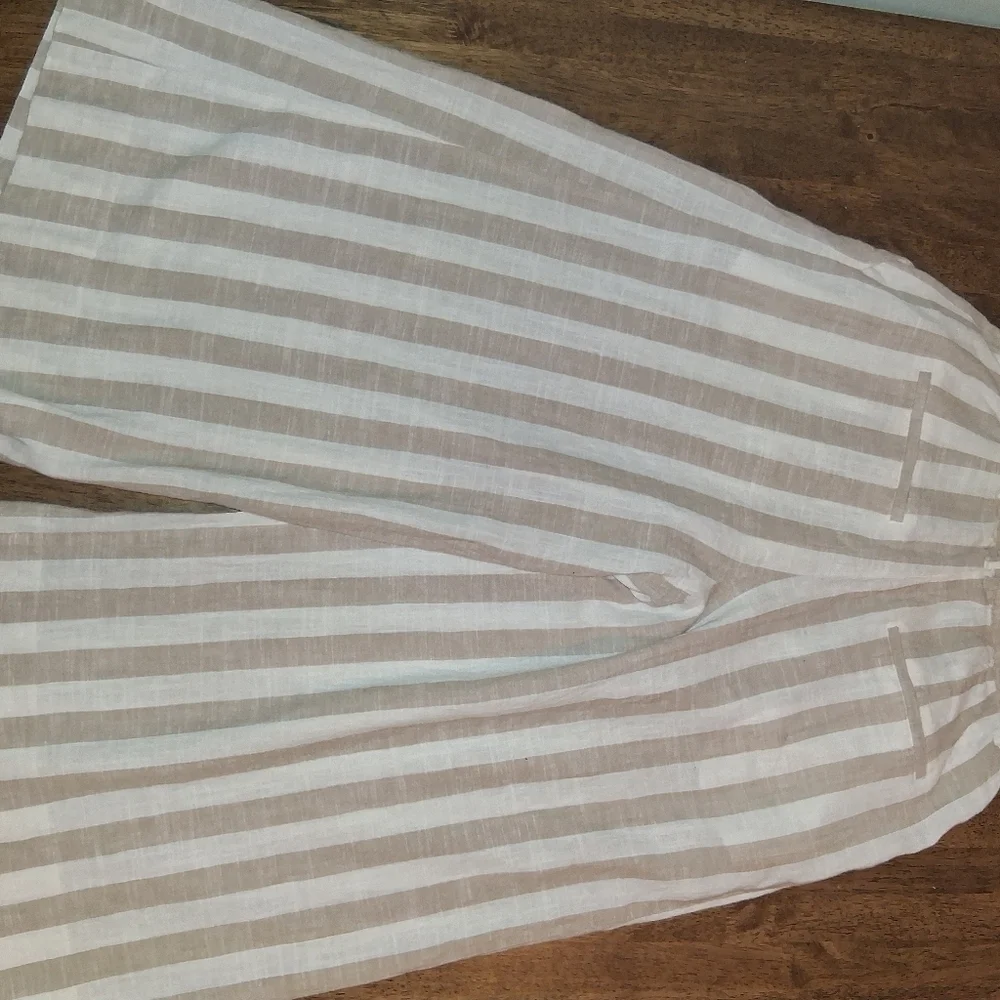 H&M White & Tan Linen Blend Stripe Cropped Wide Leg Pants 8